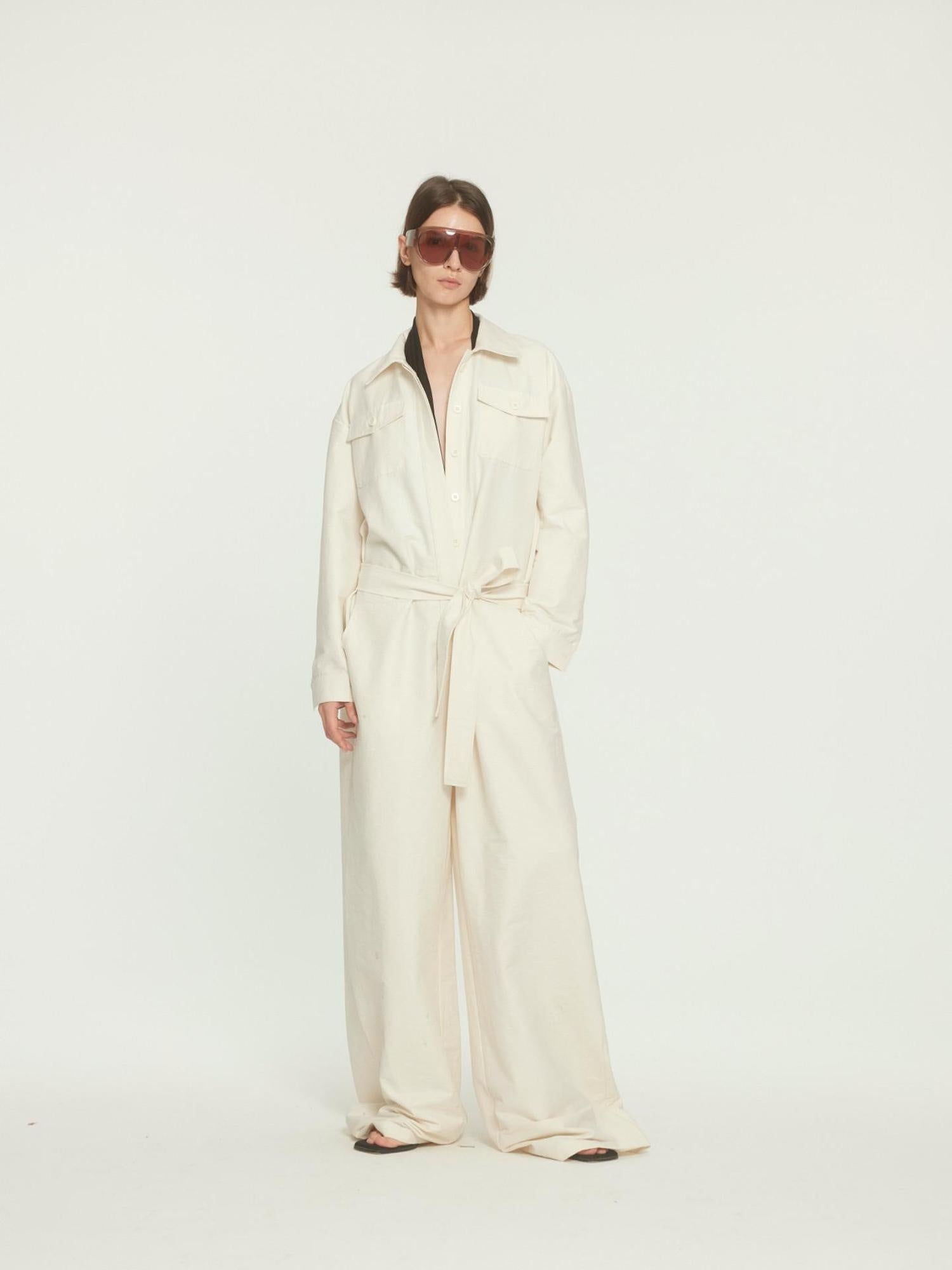BUZHOU Versatile Beige Straight Leg Mid Waist Office Workwear Jumpsuits