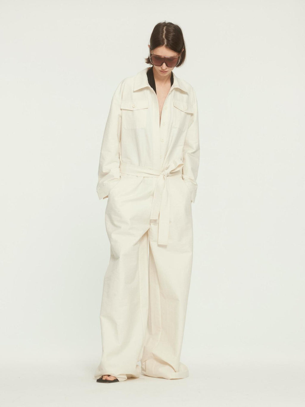 BUZHOU Versatile Beige Straight Leg Mid Waist Office Workwear Jumpsuits