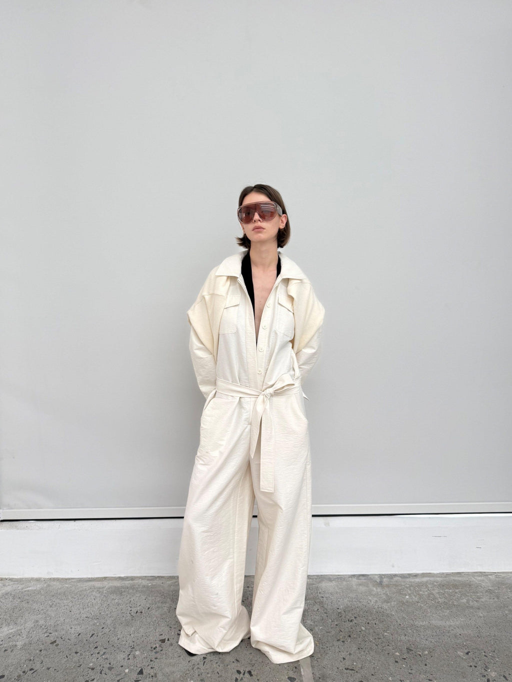BUZHOU Versatile Beige Straight Leg Mid Waist Office Workwear Jumpsuits