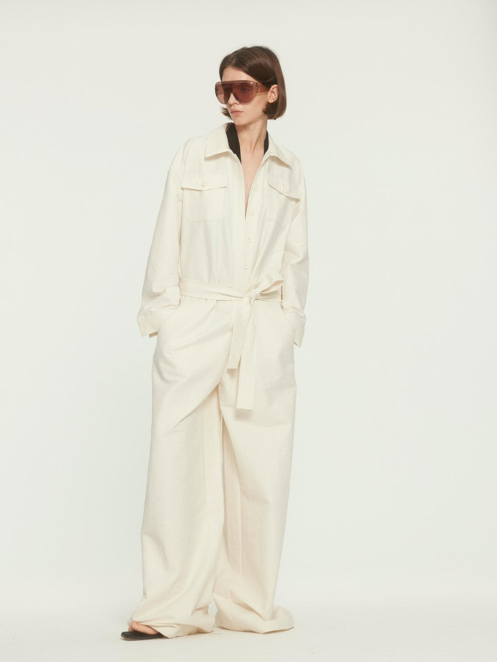 BUZHOU Versatile Beige Straight Leg Mid Waist Office Workwear Jumpsuits