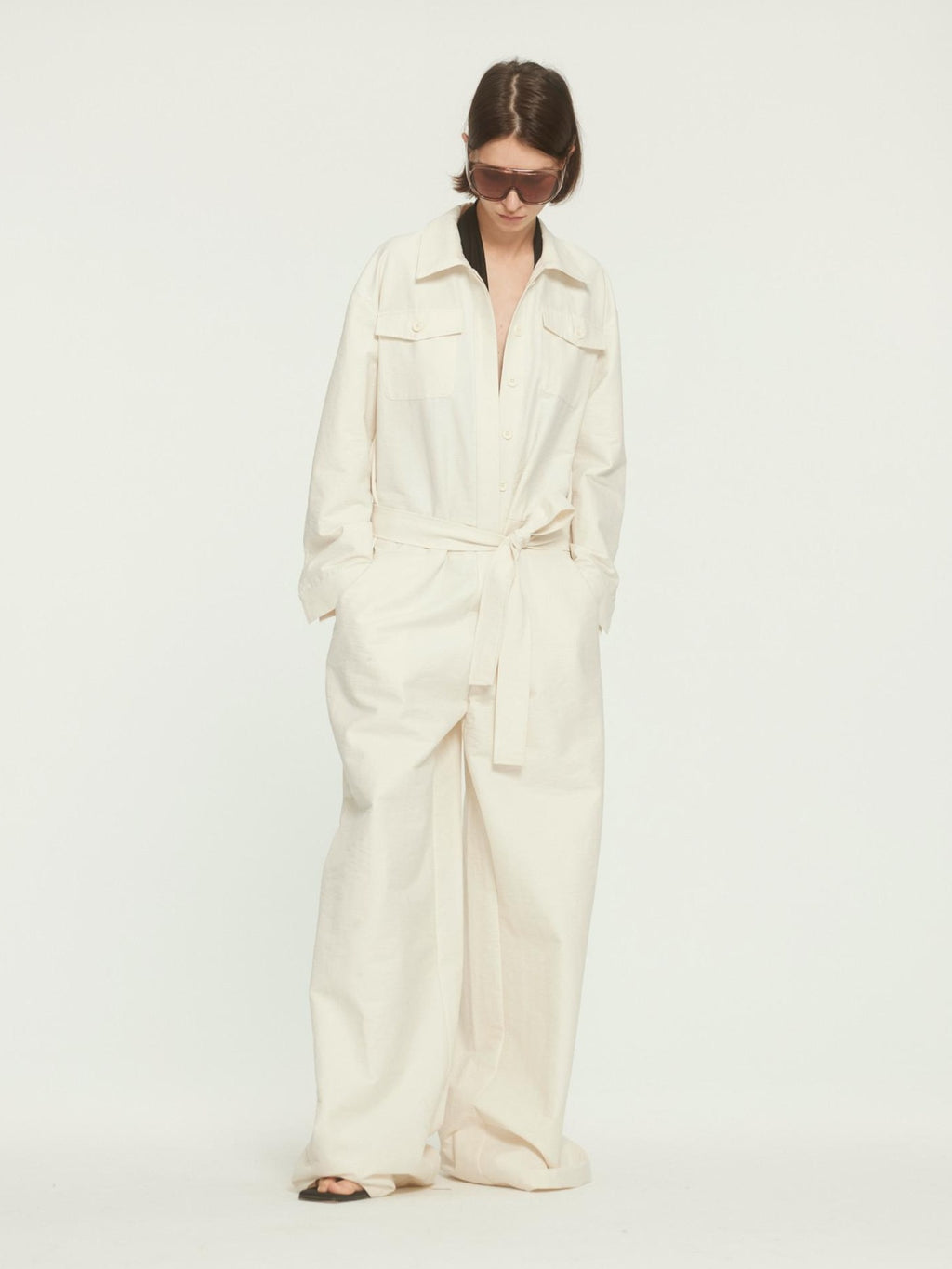 BUZHOU Versatile Beige Straight Leg Mid Waist Office Workwear Jumpsuits