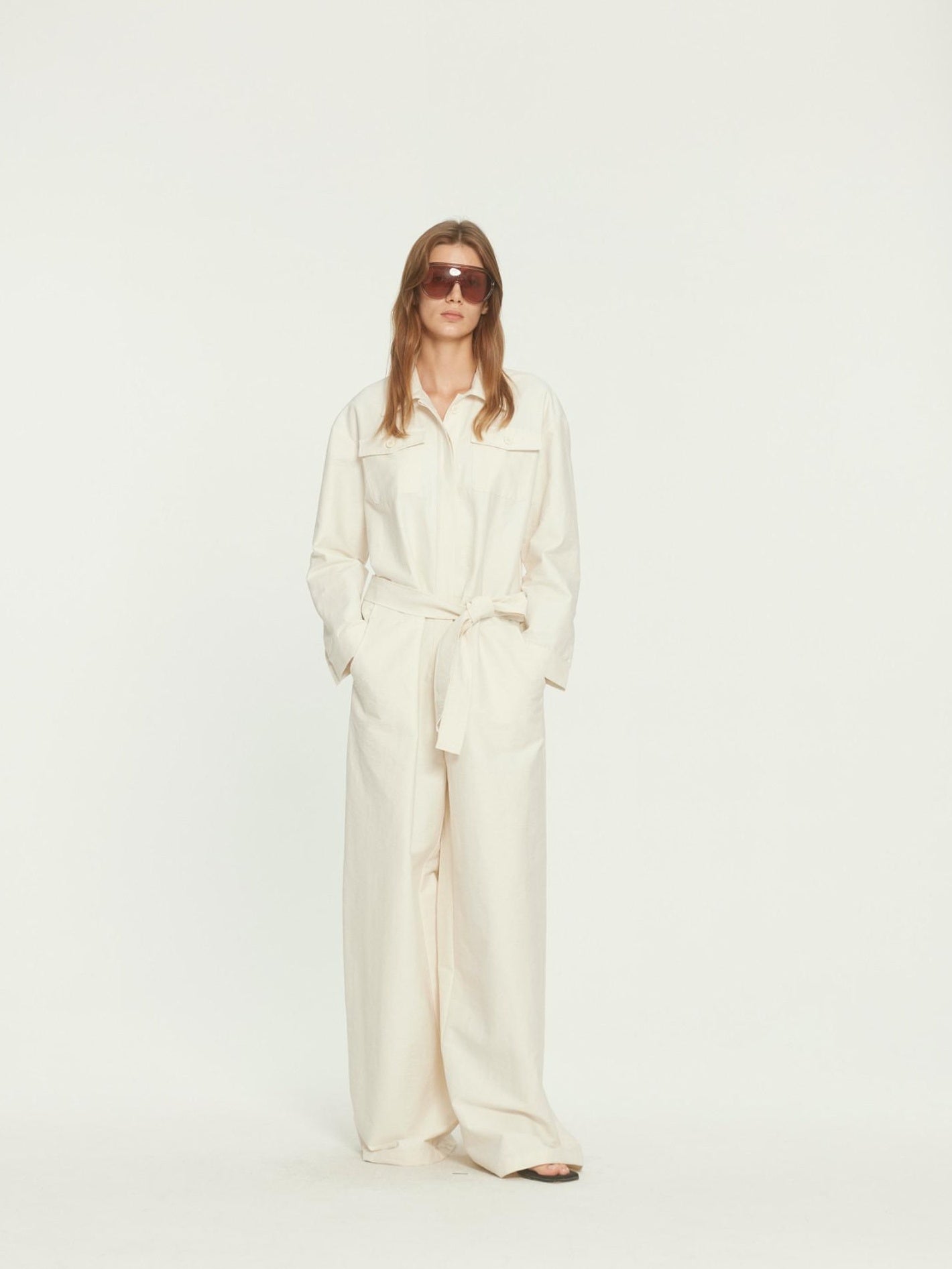 BUZHOU Versatile Beige Straight Leg Mid Waist Office Workwear Jumpsuits