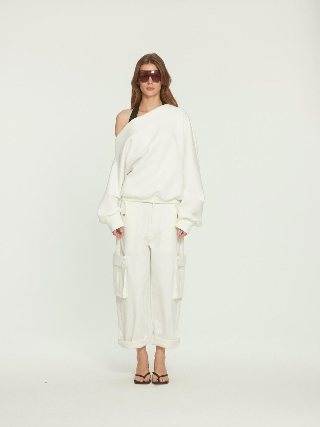 BUZHOU Versatile White Multiway Cargo Natural Waist Cotton Stretch Women Wide Leg Pants