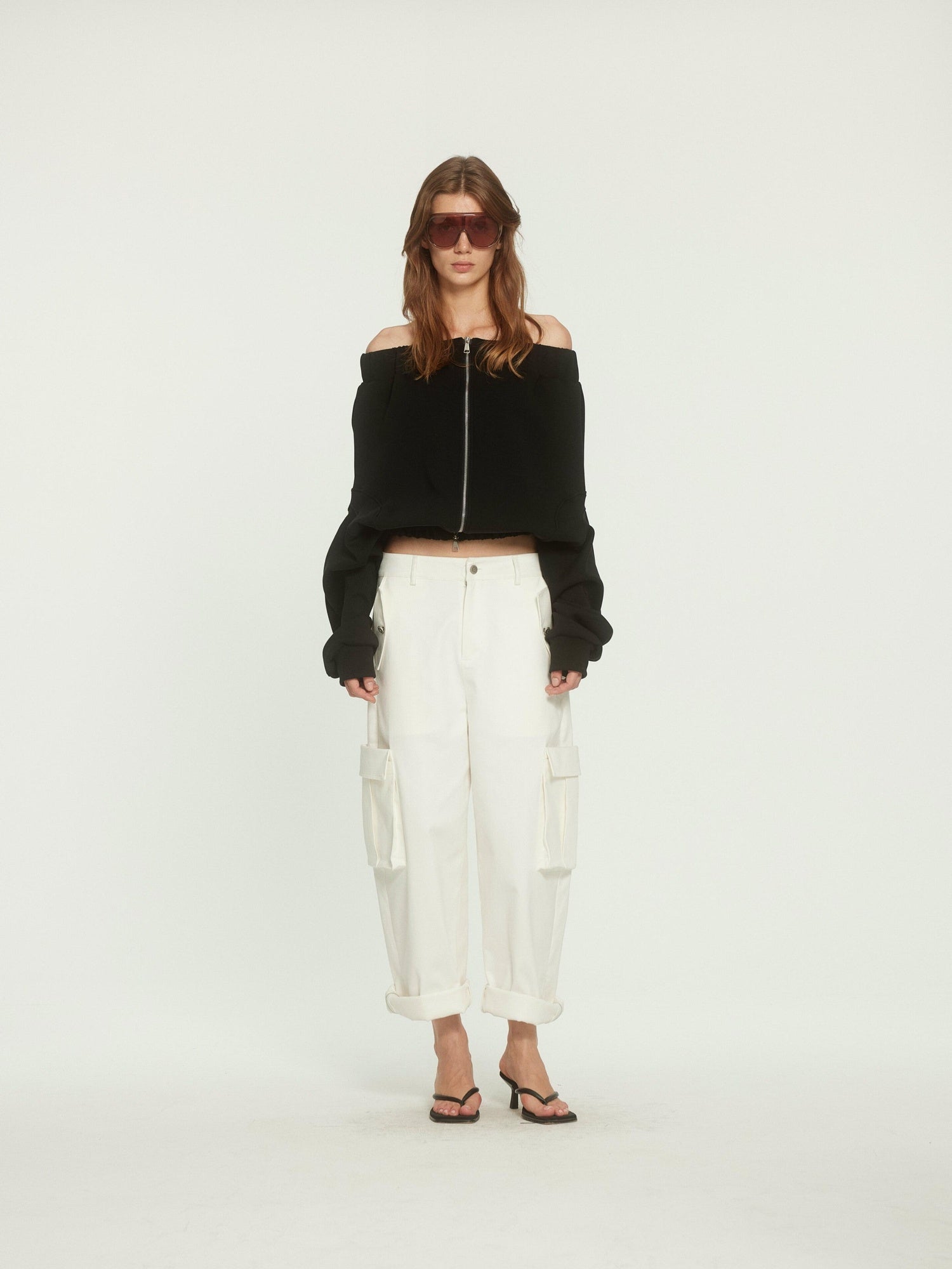 BUZHOU Versatile White Multiway Cargo Natural Waist Cotton Stretch Women Wide Leg Pants