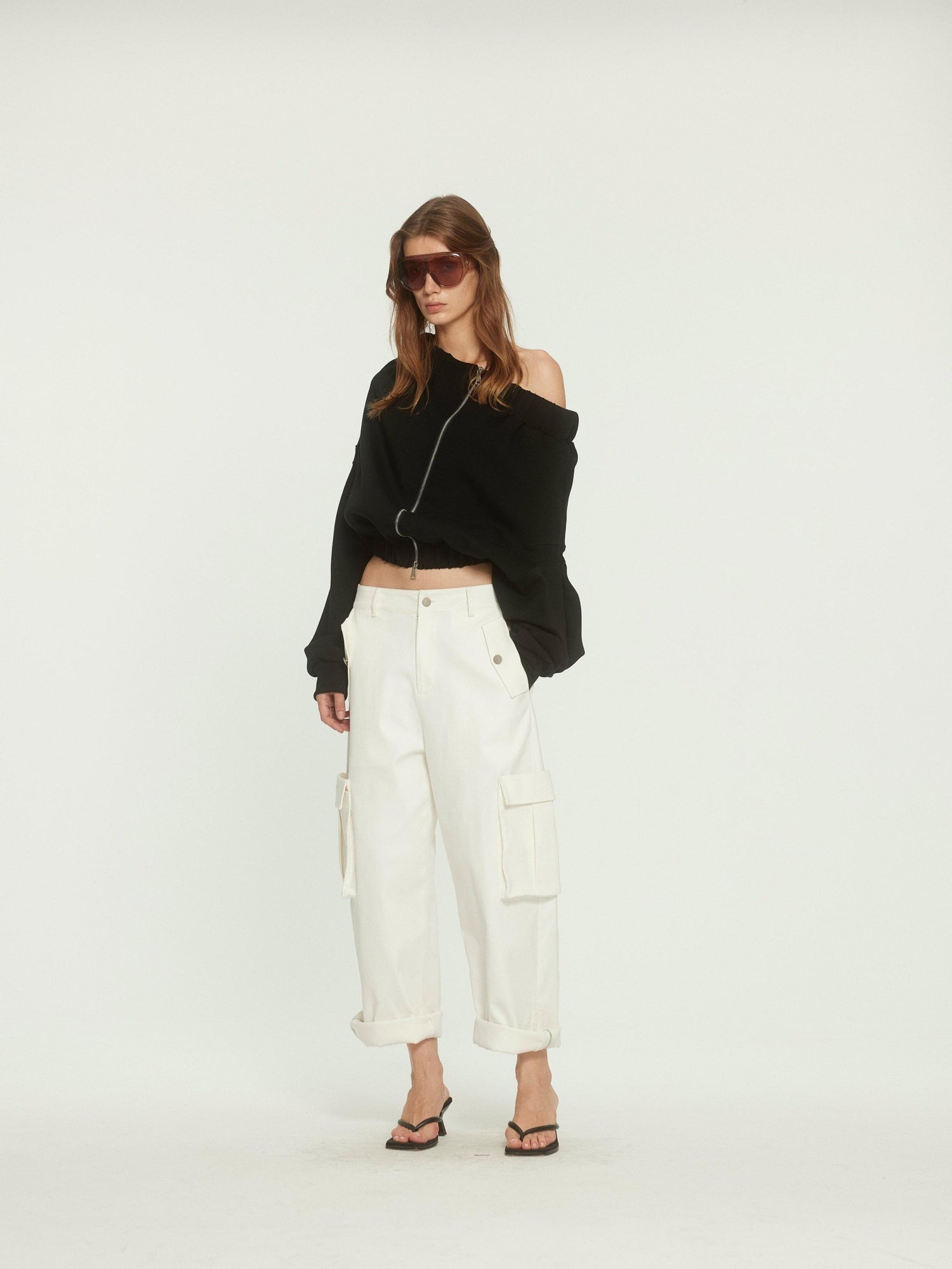 BUZHOU Versatile White Multiway Cargo Natural Waist Cotton Stretch Women Wide Leg Pants