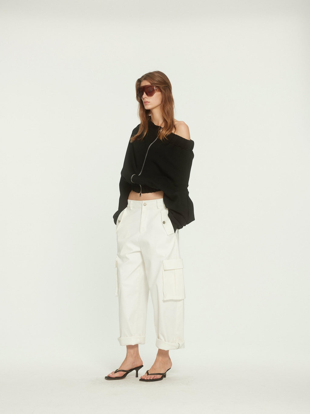 BUZHOU Versatile White Multiway Cargo Natural Waist Cotton Stretch Women Wide Leg Pants