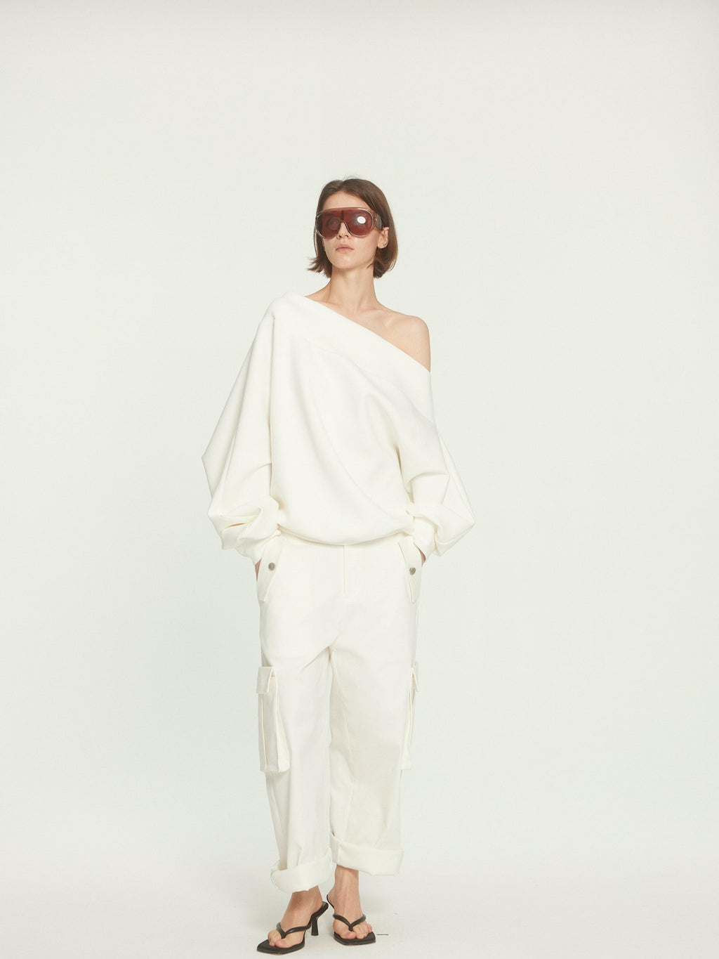 BUZHOU Versatile White Multiway Cargo Natural Waist Cotton Stretch Women Wide Leg Pants
