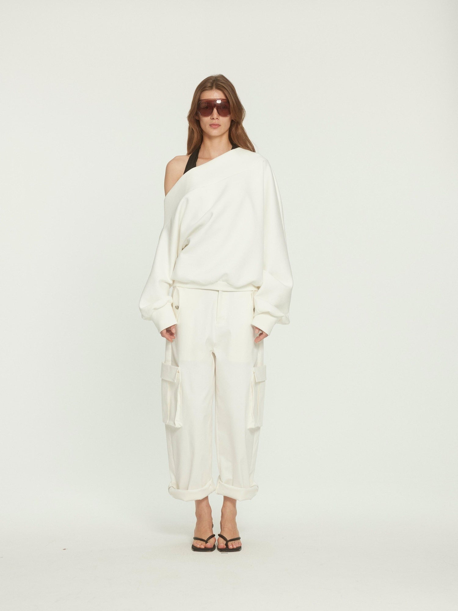 BUZHOU Versatile White Multiway Cargo Natural Waist Cotton Stretch Women Wide Leg Pants