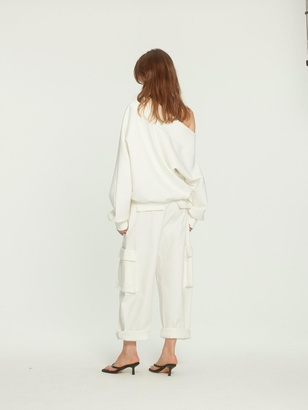BUZHOU Versatile White Multiway Cargo Natural Waist Cotton Stretch Women Wide Leg Pants