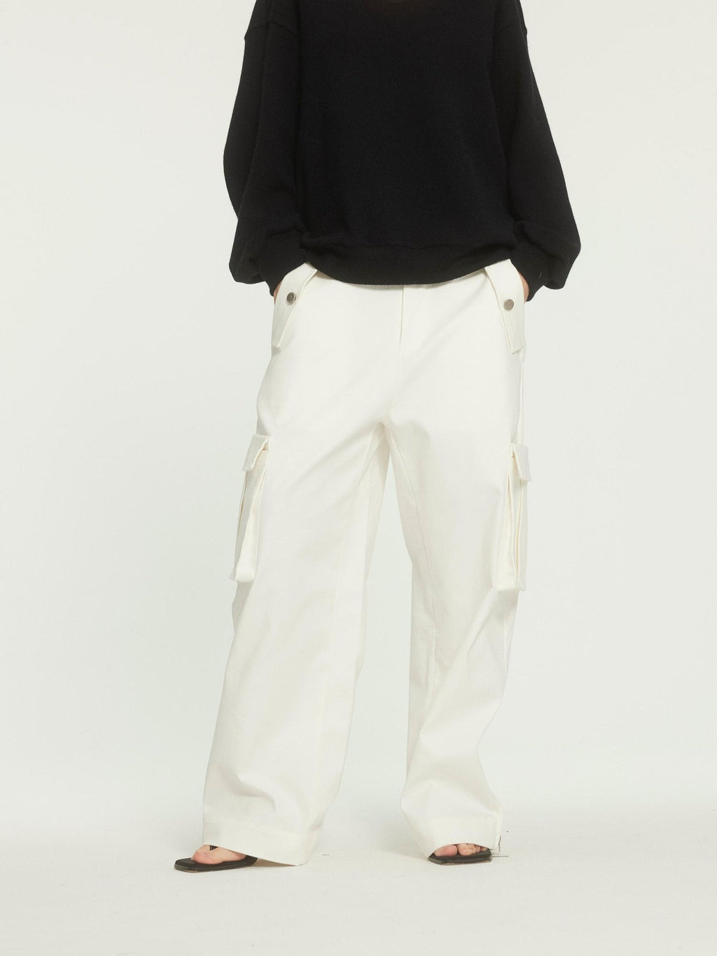 BUZHOU Versatile White Multiway Cargo Natural Waist Cotton Stretch Women Wide Leg Pants