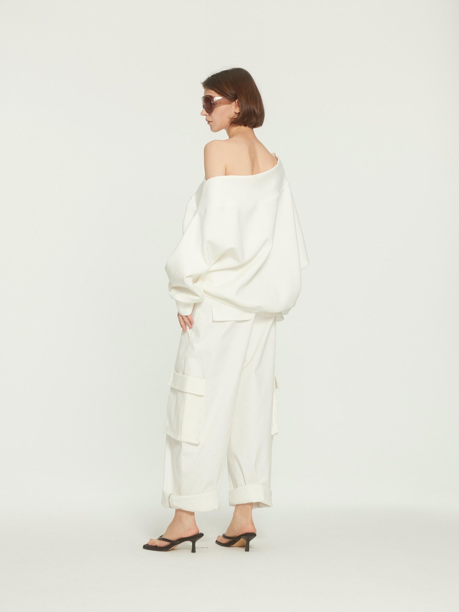 BUZHOU Versatile White Multiway Cargo Natural Waist Cotton Stretch Women Wide Leg Pants