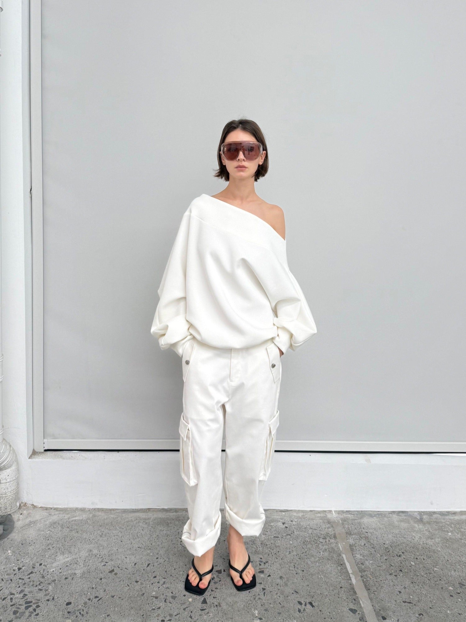 BUZHOU Versatile White Multiway Cargo Natural Waist Cotton Stretch Women Wide Leg Pants