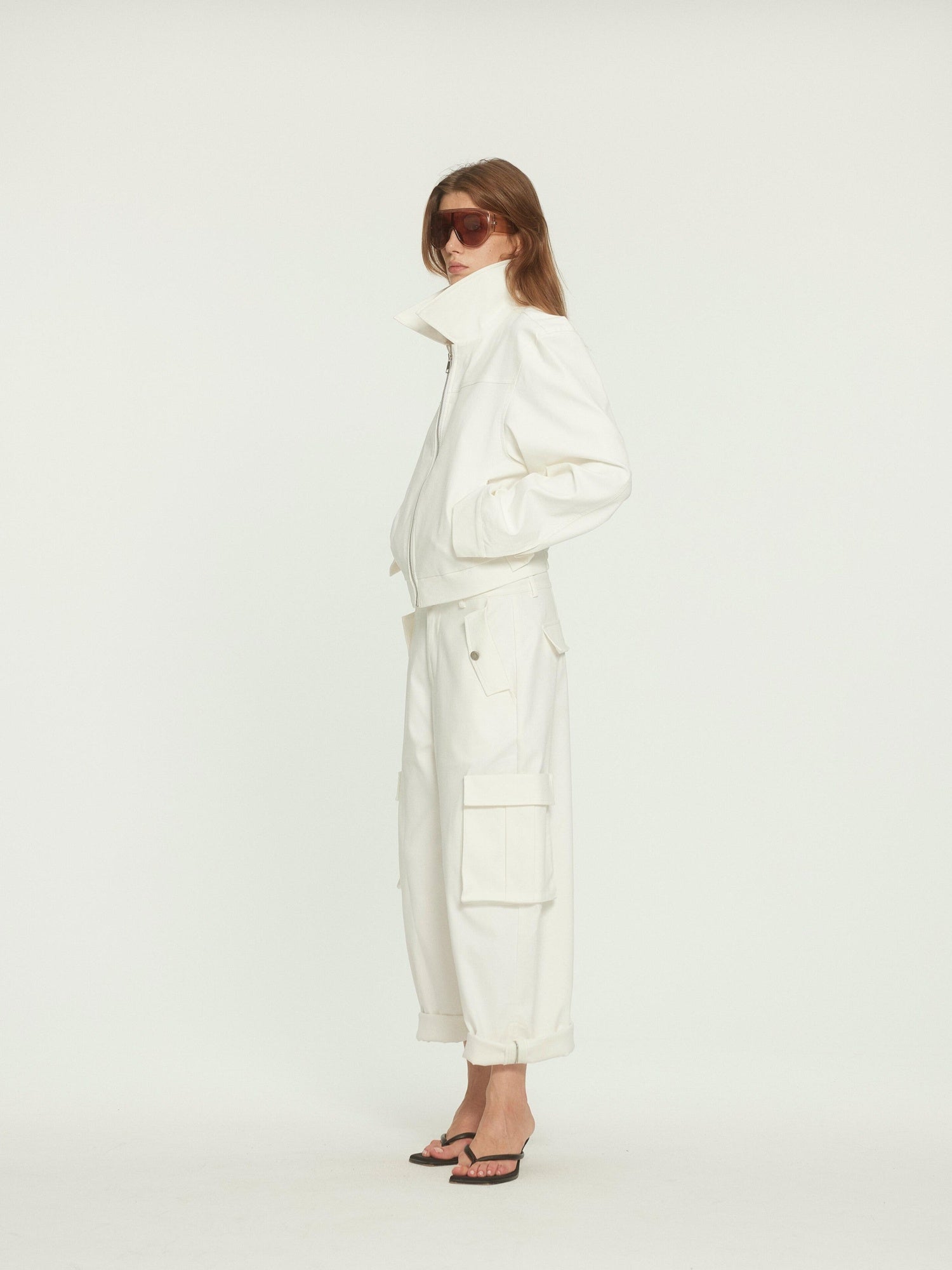 BUZHOU Versatile White Multiway Cargo Natural Waist Cotton Stretch Women Wide Leg Pants