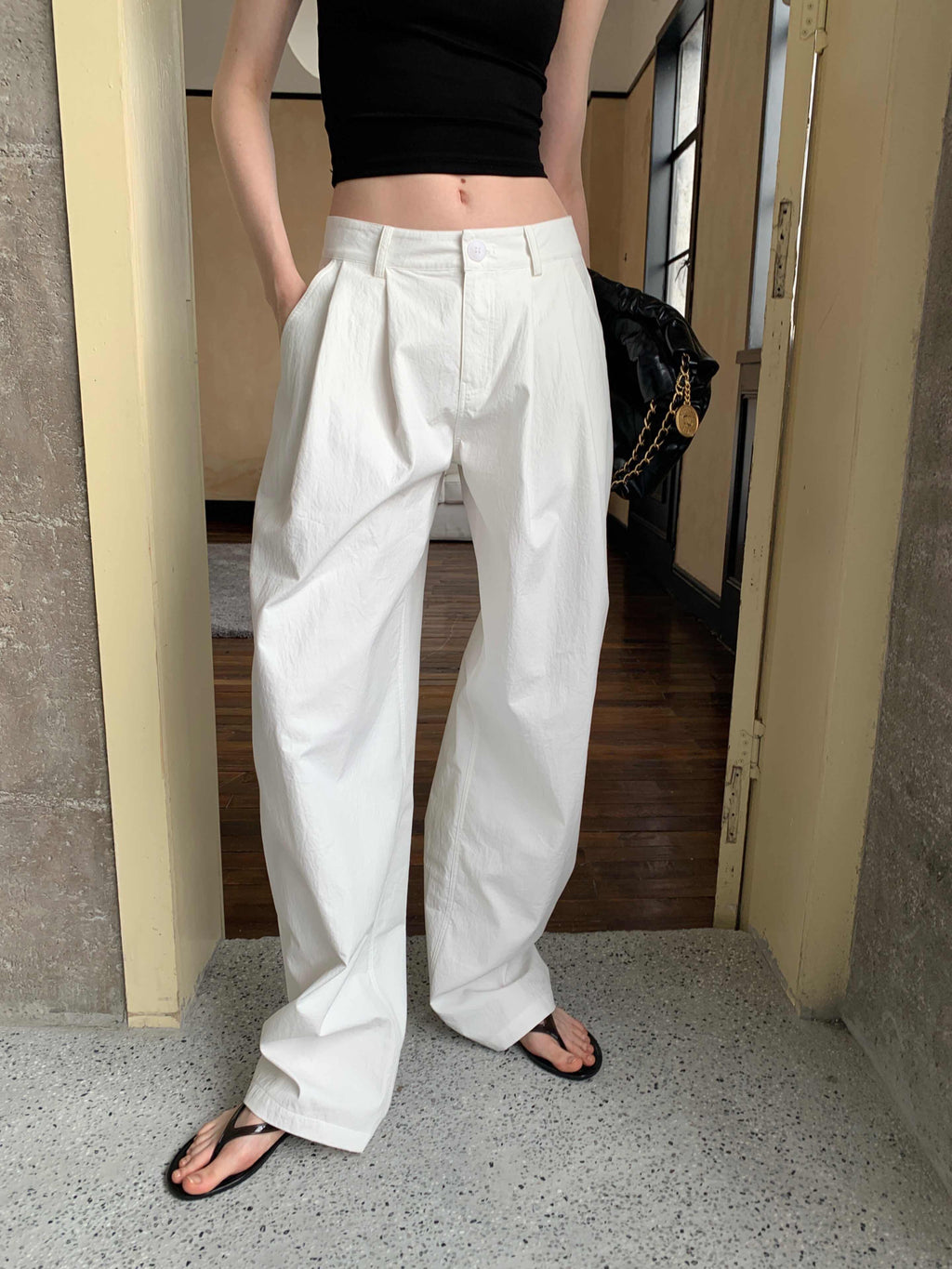 BUZHOU_Washed_Cotton_Low_Rise_Casual_Zipper_Fly_Ladies_White_Khaki_Wide_Leg_Pants_MISSTT