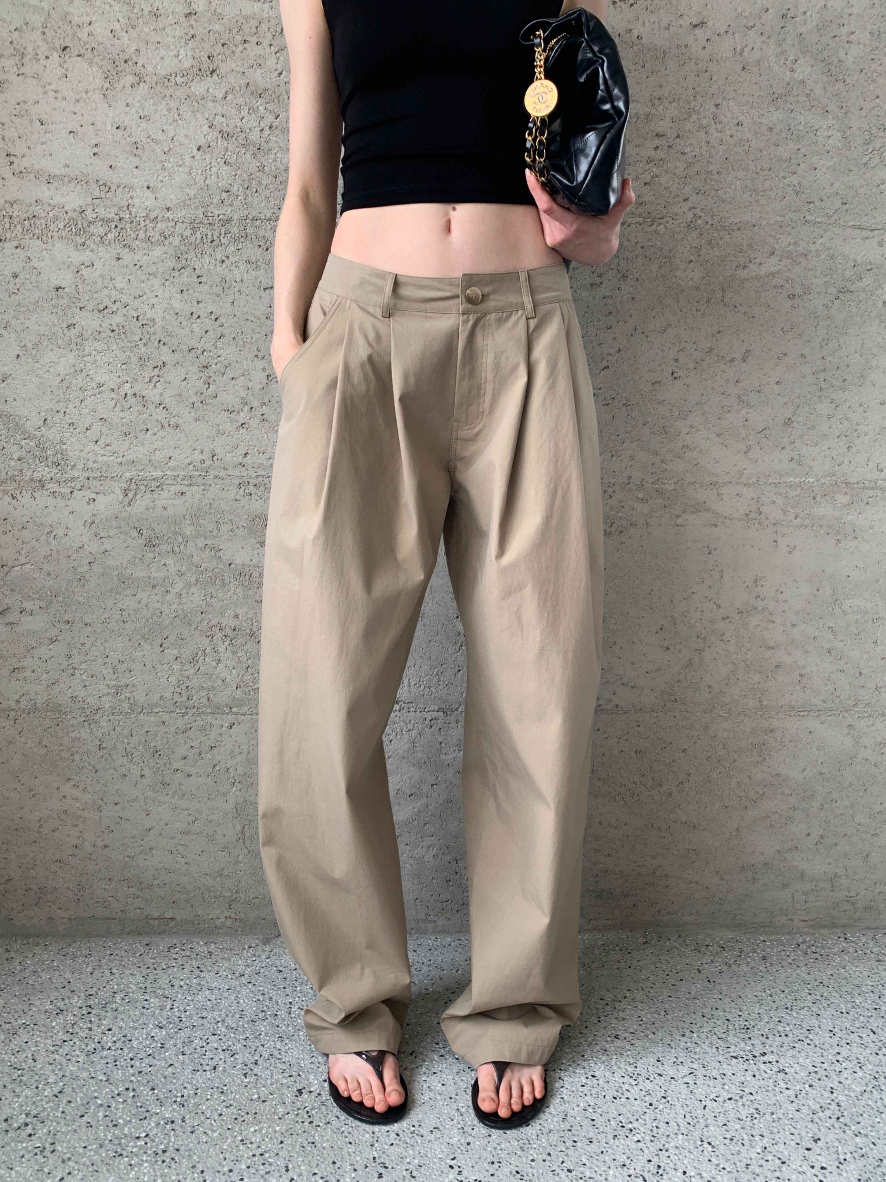 BUZHOU_Washed_Cotton_Low_Rise_Casual_Zipper_Fly_Ladies_White_Khaki_Wide_Leg_Pants_MISSTT