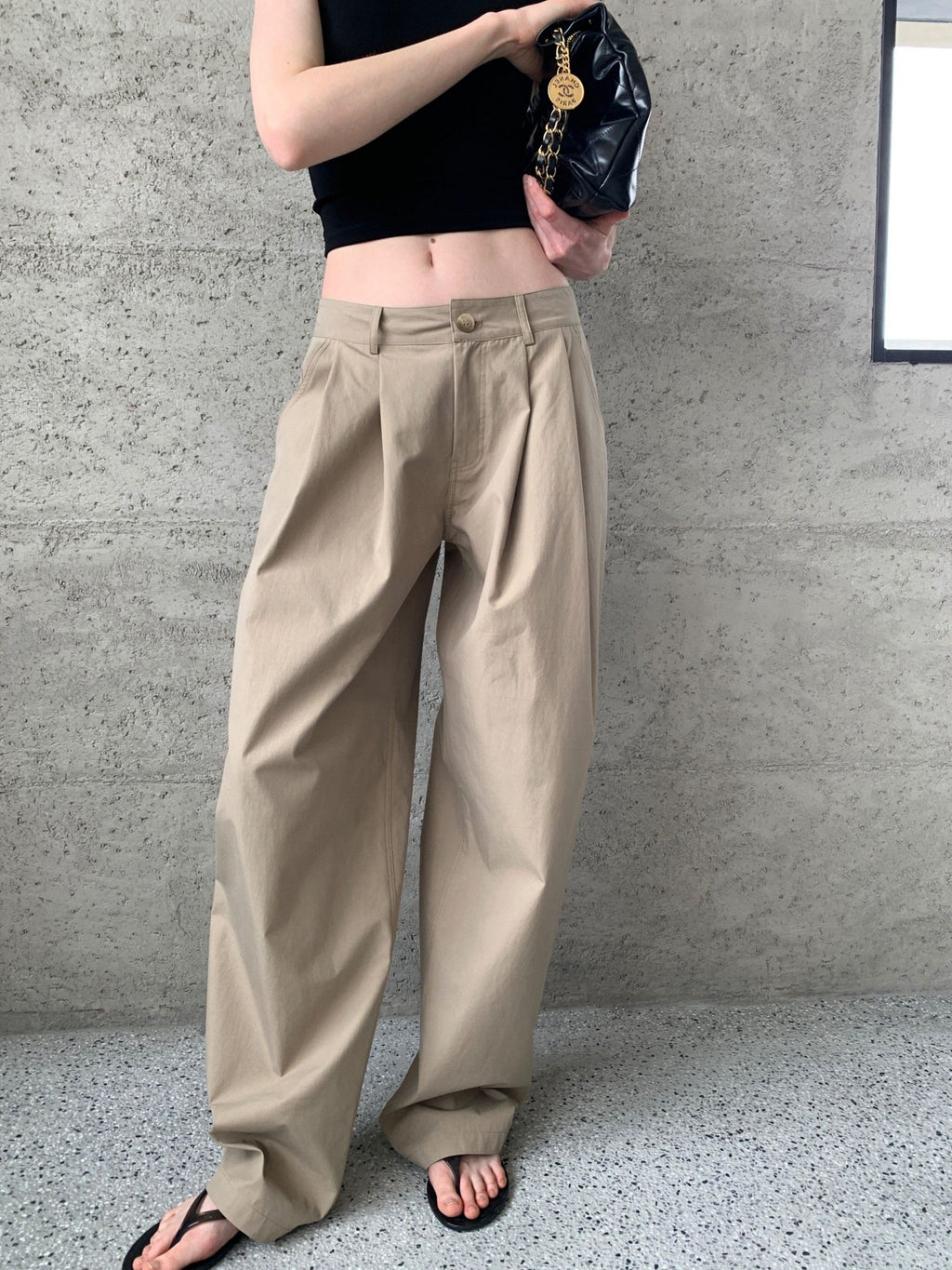 BUZHOU Washed Cotton Low Rise Casual Zipper Fly Ladies White Khaki Wide Leg Pants