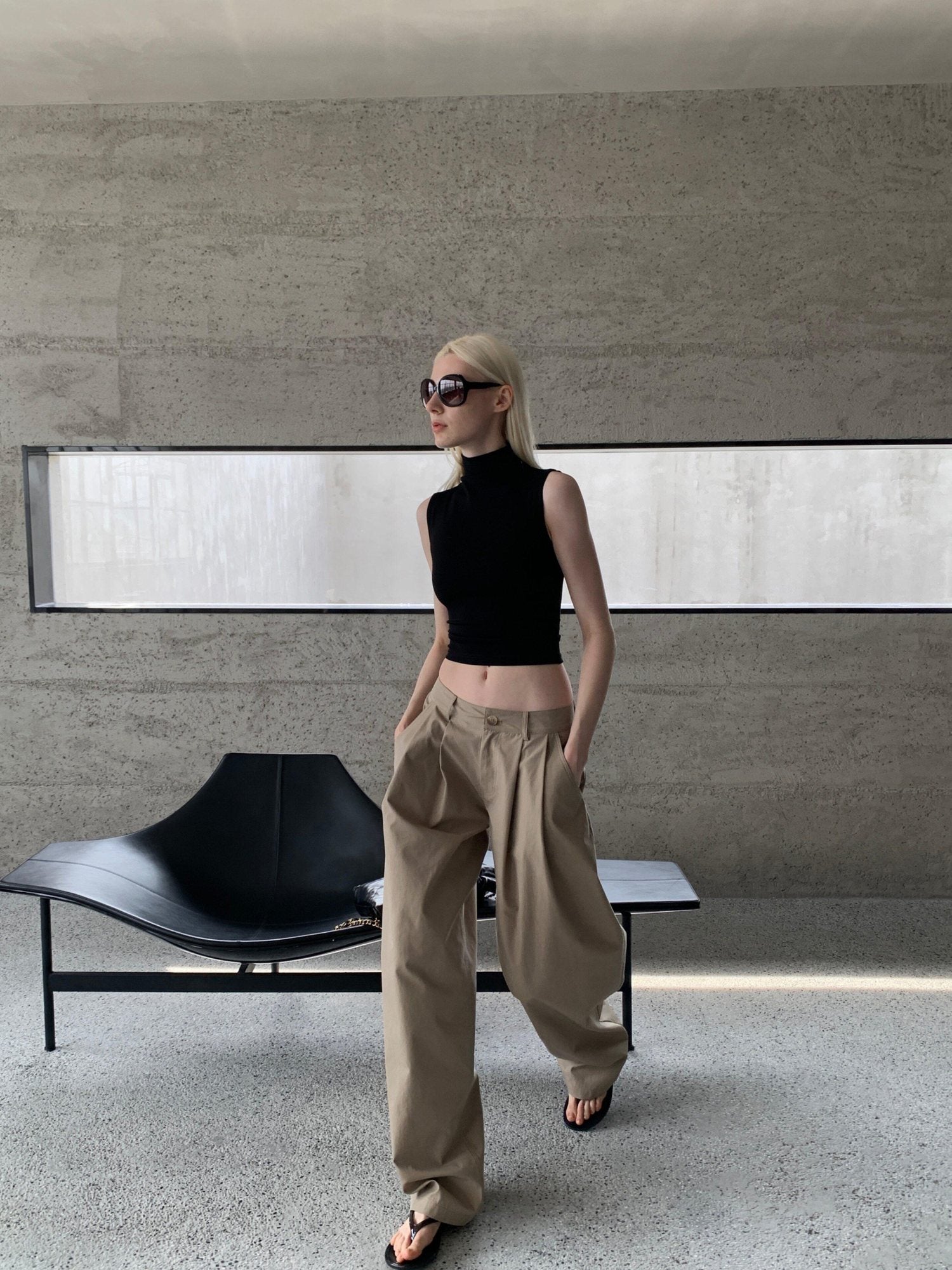 BUZHOU Washed Cotton Low Rise Casual Zipper Fly Ladies White Khaki Wide Leg Pants