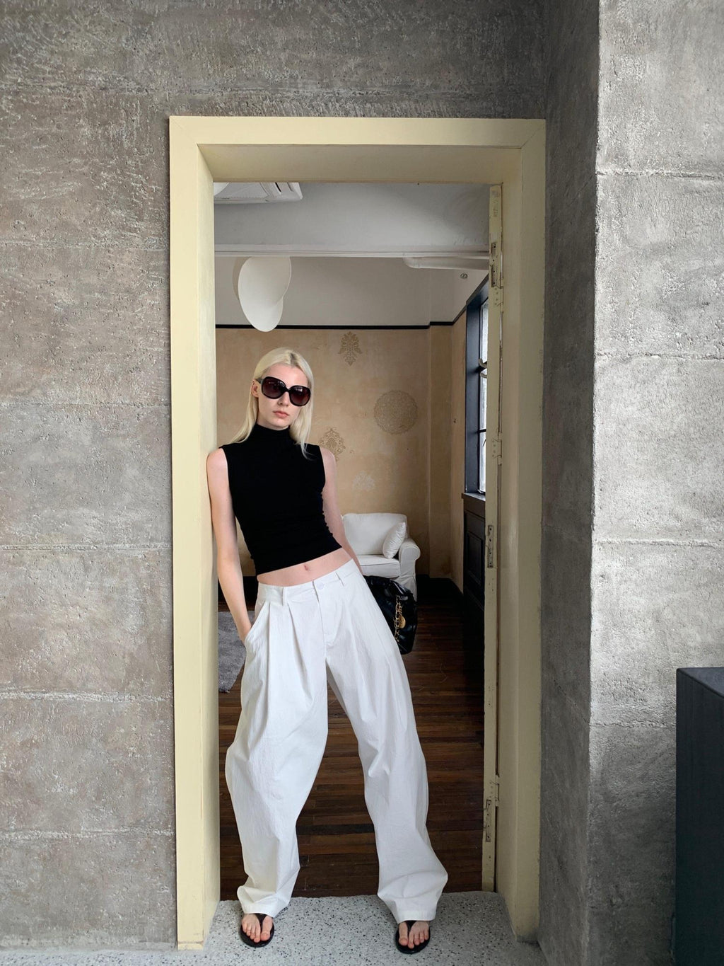 BUZHOU Washed Cotton Low Rise Casual Zipper Fly Ladies White Khaki Wide Leg Pants