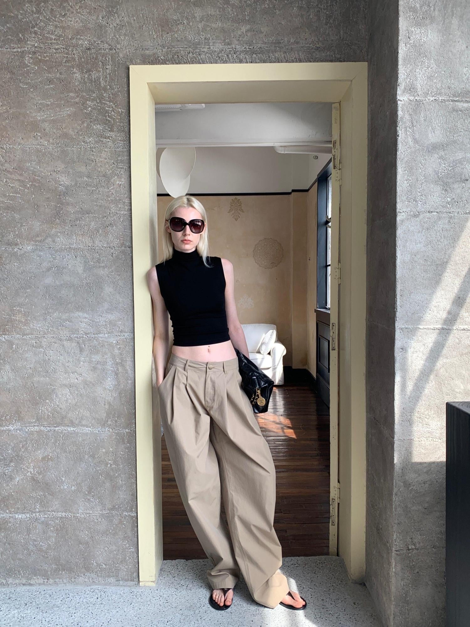 BUZHOU Washed Cotton Low Rise Casual Zipper Fly Ladies White Khaki Wide Leg Pants