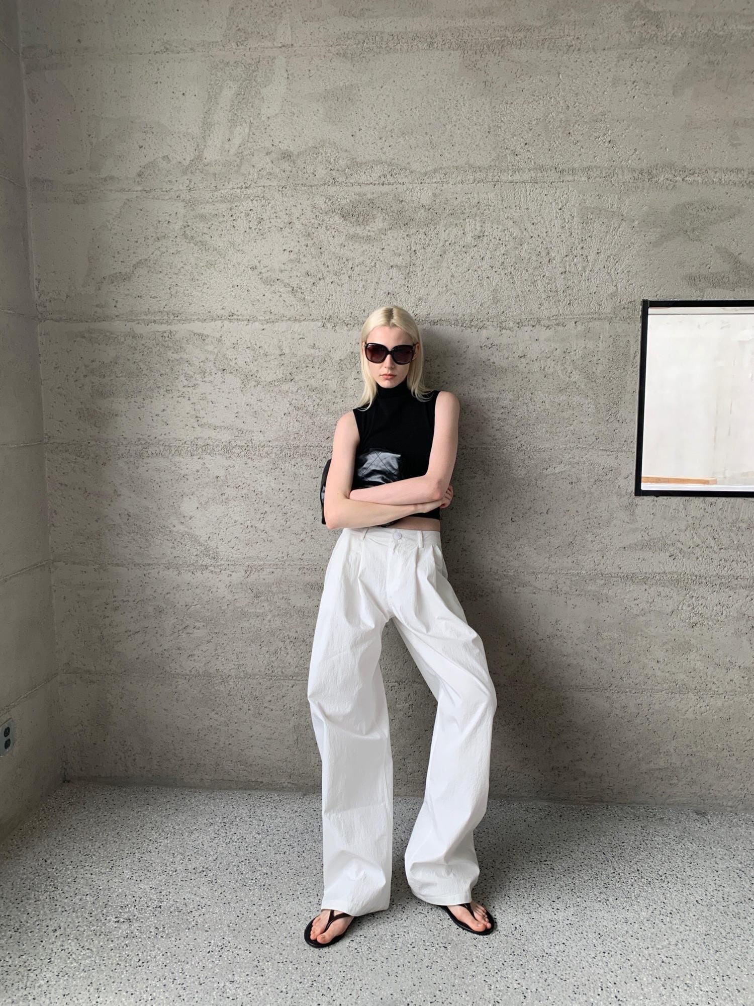 BUZHOU Washed Cotton Low Rise Casual Zipper Fly Ladies White Khaki Wide Leg Pants