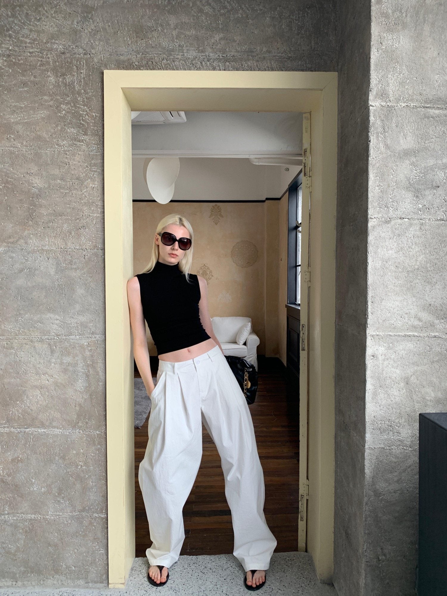 BUZHOU Washed Cotton Low Rise Casual Zipper Fly Ladies White Khaki Wide Leg Pants