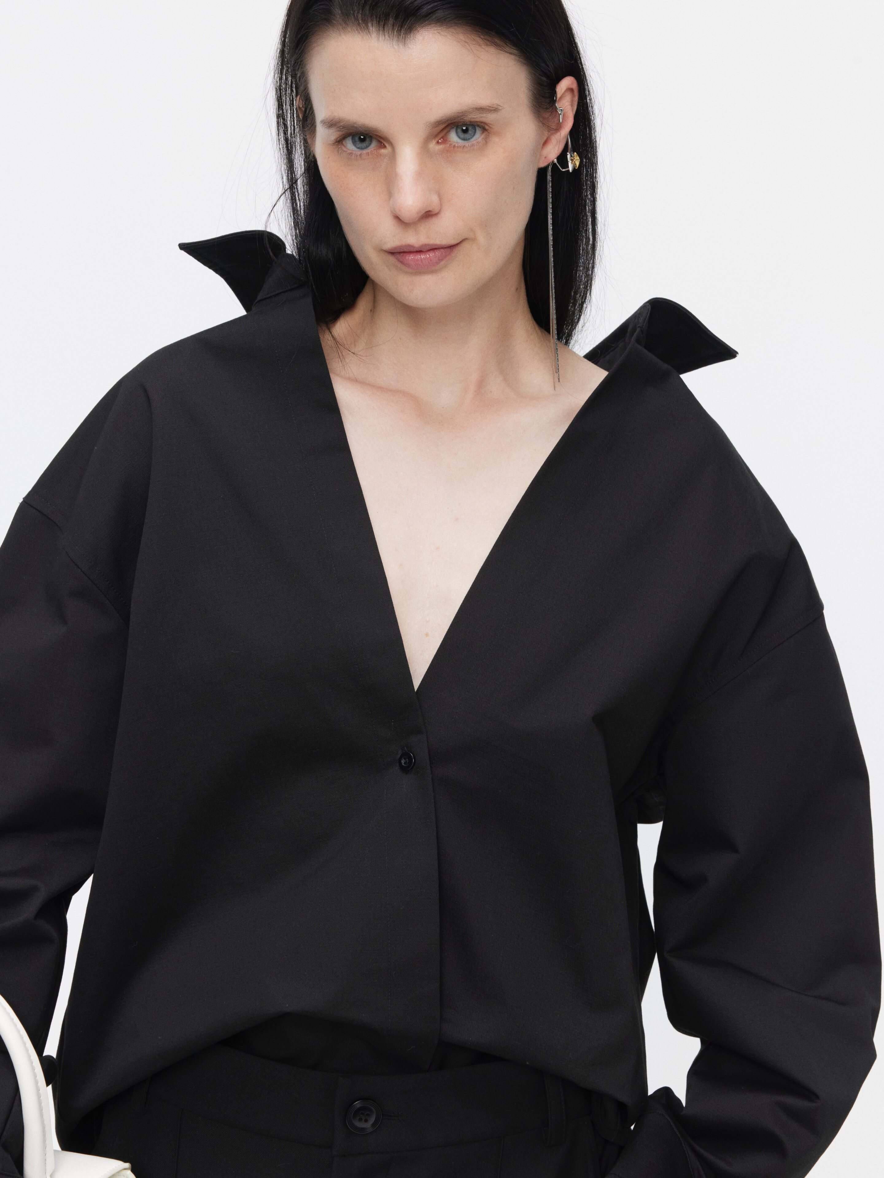 BUZHOU_Wrinkle_Resistant_100%_Cotton_Minimal_Loose_V-neck_Dropped_Collar_Black_Shirts_MISSTT