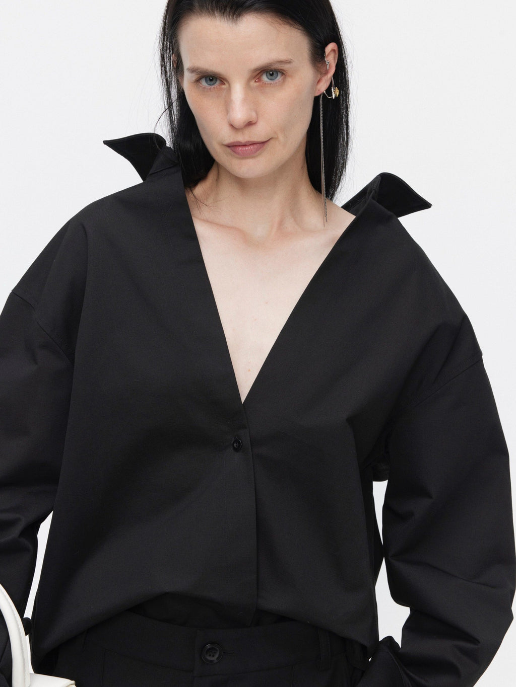 BUZHOU Wrinkle Resistant 100% Cotton Minimal Loose V-neck Dropped Collar Black Shirts