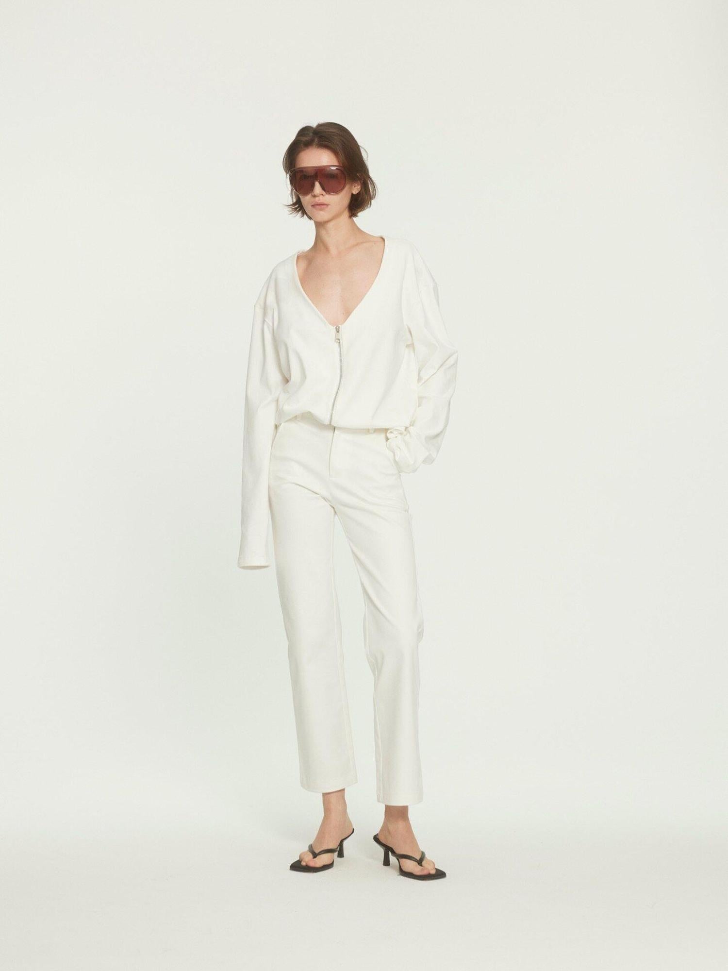 BUZHOU Zipper Front Original Straight Fit Low V-neck Casual White Knit Tops Cardigans