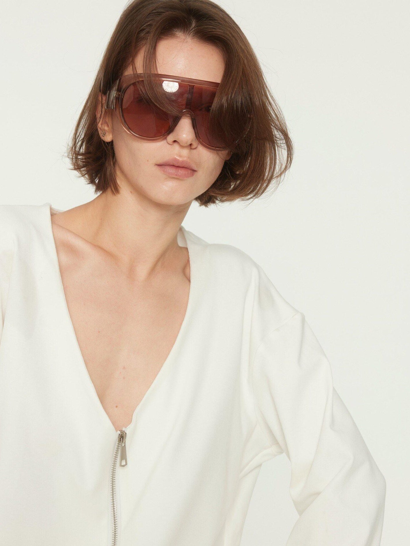 BUZHOU Zipper Front Original Straight Fit Low V-neck Casual White Knit Tops Cardigans