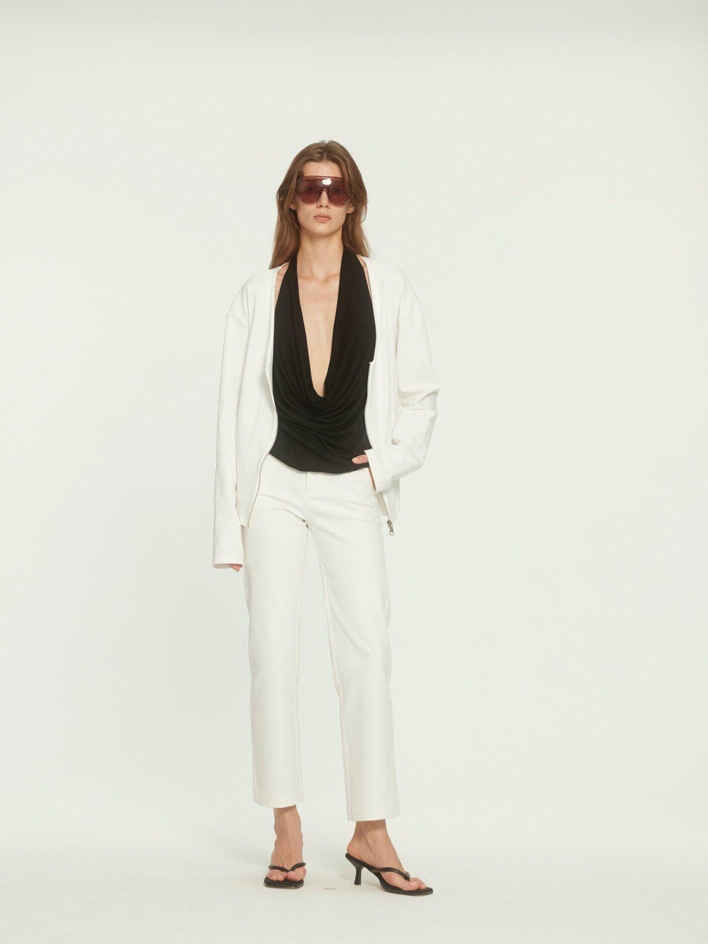 BUZHOU Zipper Front Original Straight Fit Low V-neck Casual White Knit Tops Cardigans