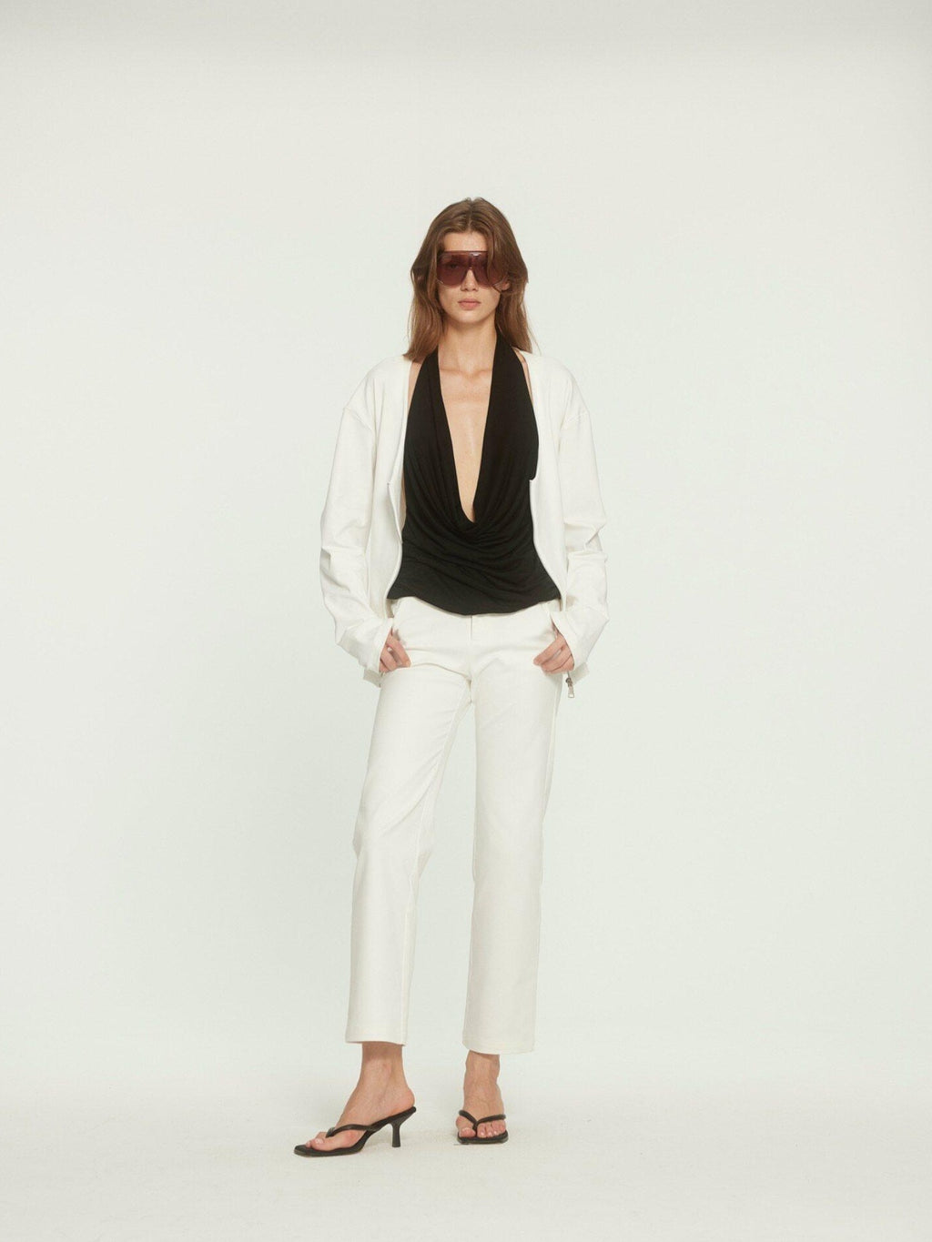 BUZHOU Zipper Front Original Straight Fit Low V-neck Casual White Knit Tops Cardigans