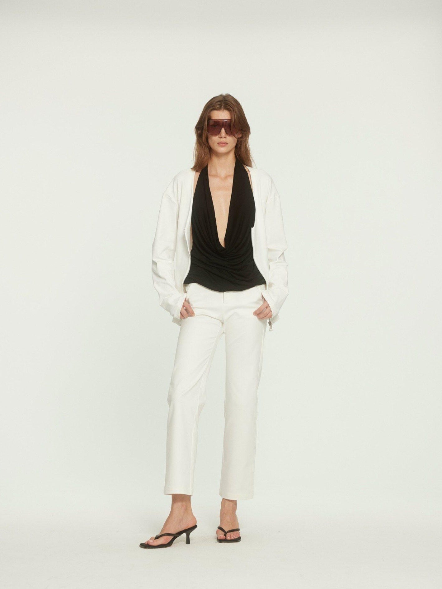 BUZHOU Zipper Front Original Straight Fit Low V-neck Casual White Knit Tops Cardigans