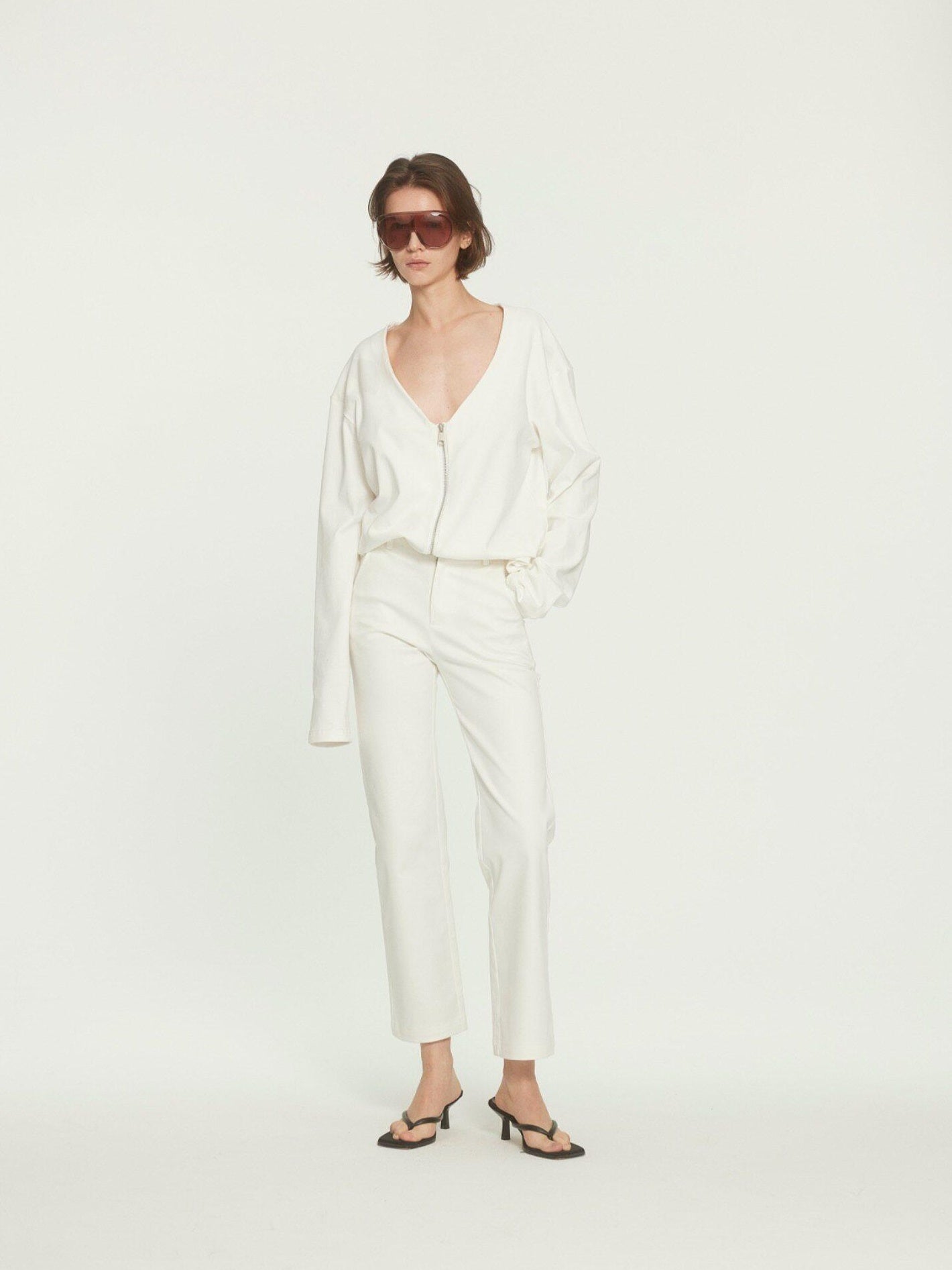 BUZHOU Zipper Front Original Straight Fit Low V-neck Casual White Knit Tops Cardigans