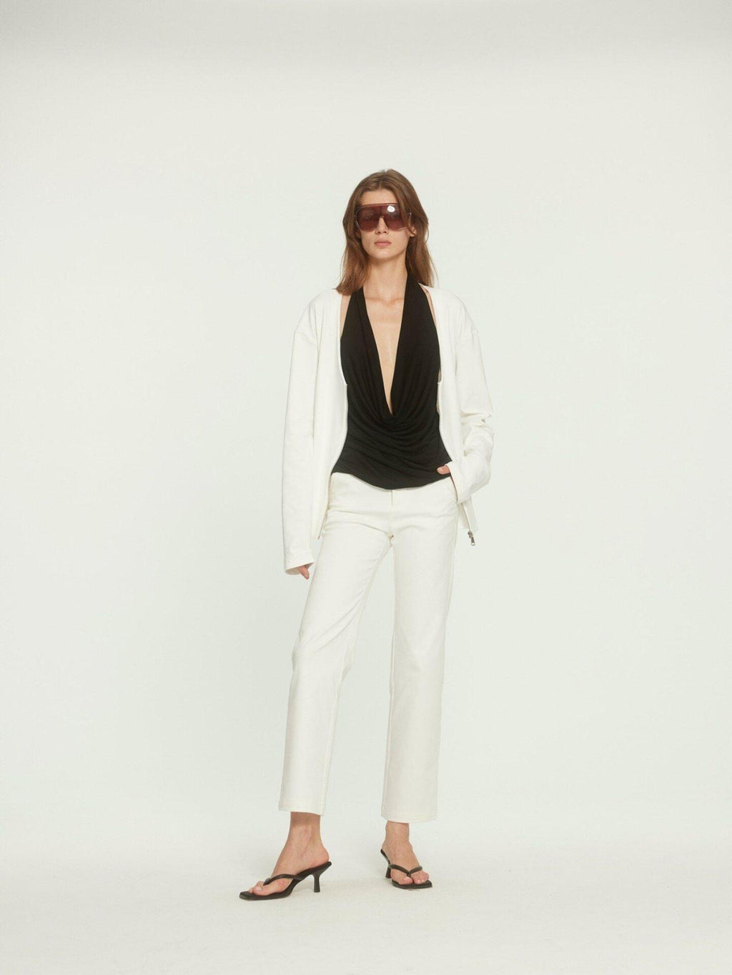 BUZHOU Zipper Front Original Straight Fit Low V-neck Casual White Knit Tops Cardigans