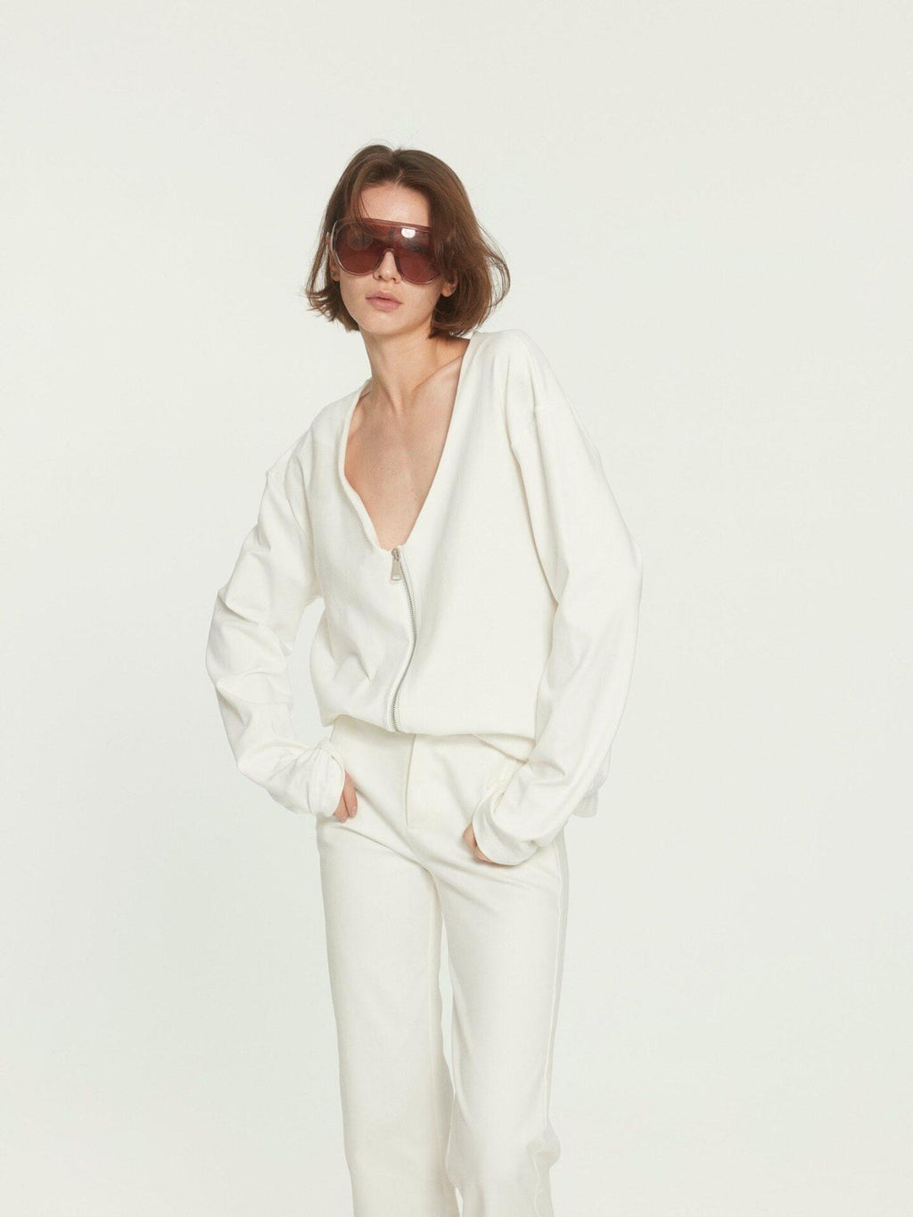 BUZHOU Zipper Front Original Straight Fit Low V-neck Casual White Knit Tops Cardigans