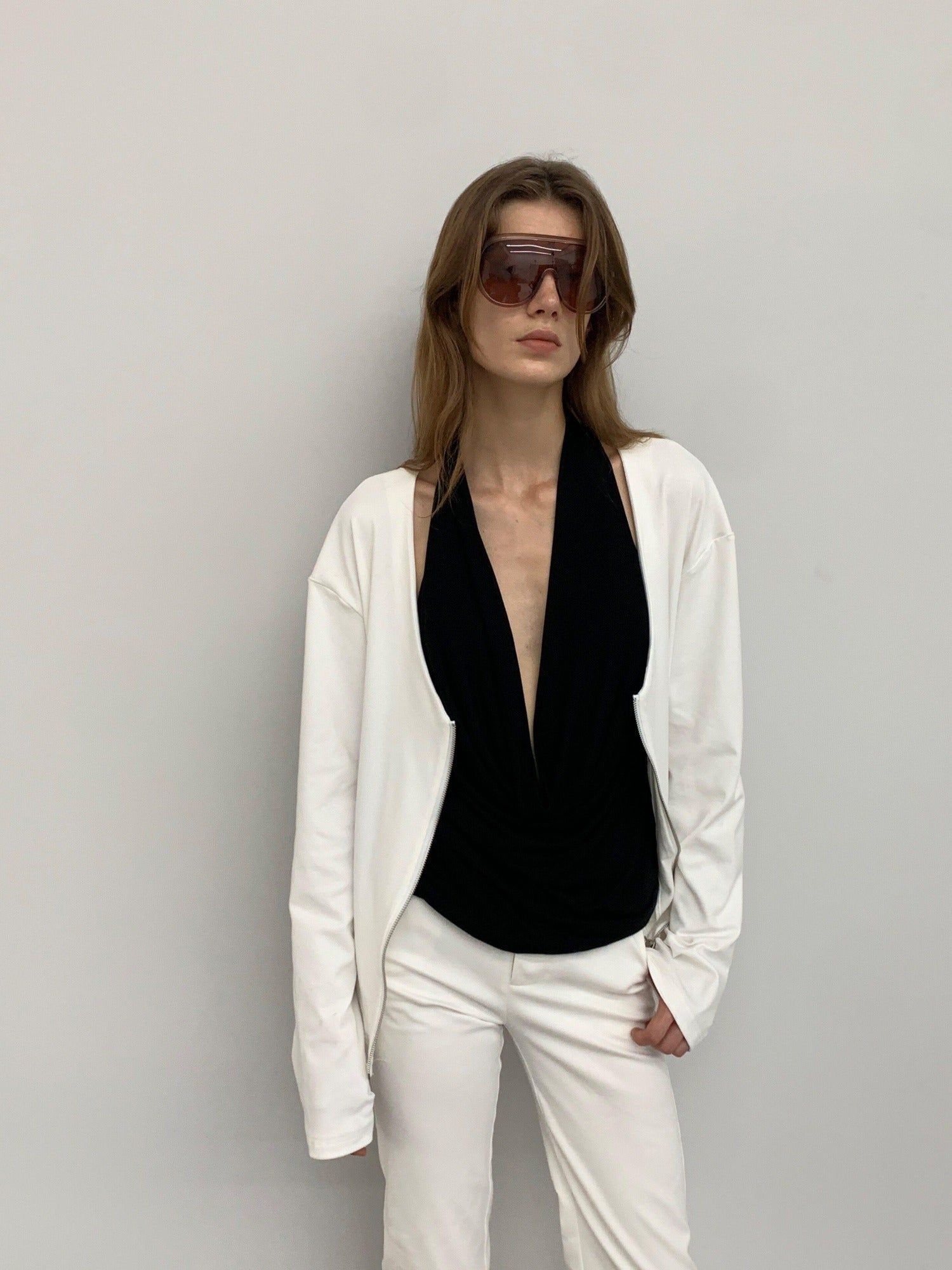 BUZHOU Zipper Front Original Straight Fit Low V-neck Casual White Knit Tops Cardigans