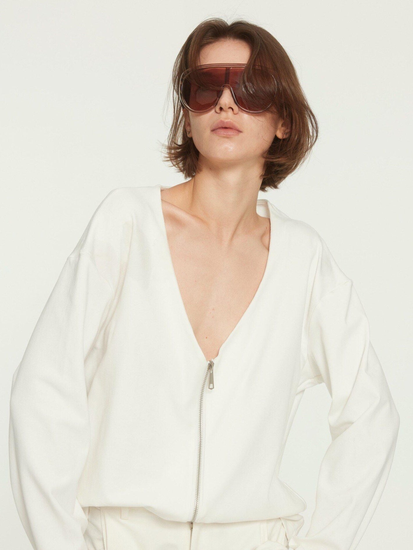 BUZHOU Zipper Front Original Straight Fit Low V-neck Casual White Knit Tops Cardigans