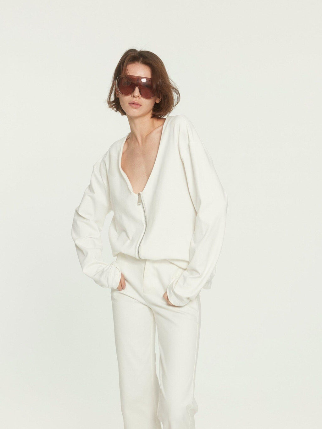 BUZHOU Zipper Front Original Straight Fit Low V-neck Casual White Knit Tops Cardigans