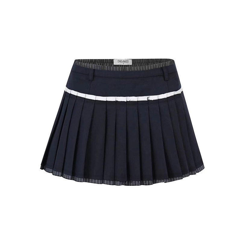 DeleteEx_Antistatic_Girly_Raw_Hem_A_Line_Mid_Rise_Pleated_Women_Khaki_Navy_Mini_Skirts_MISSTT