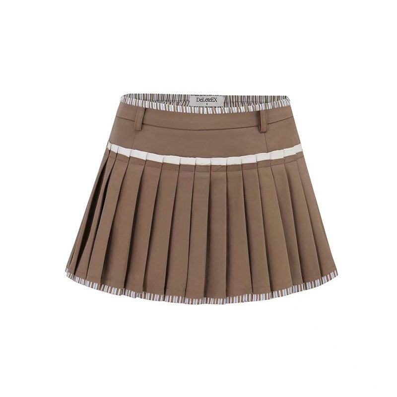 DeleteEx_Antistatic_Girly_Raw_Hem_A_Line_Mid_Rise_Pleated_Women_Khaki_Navy_Mini_Skirts_MISSTT