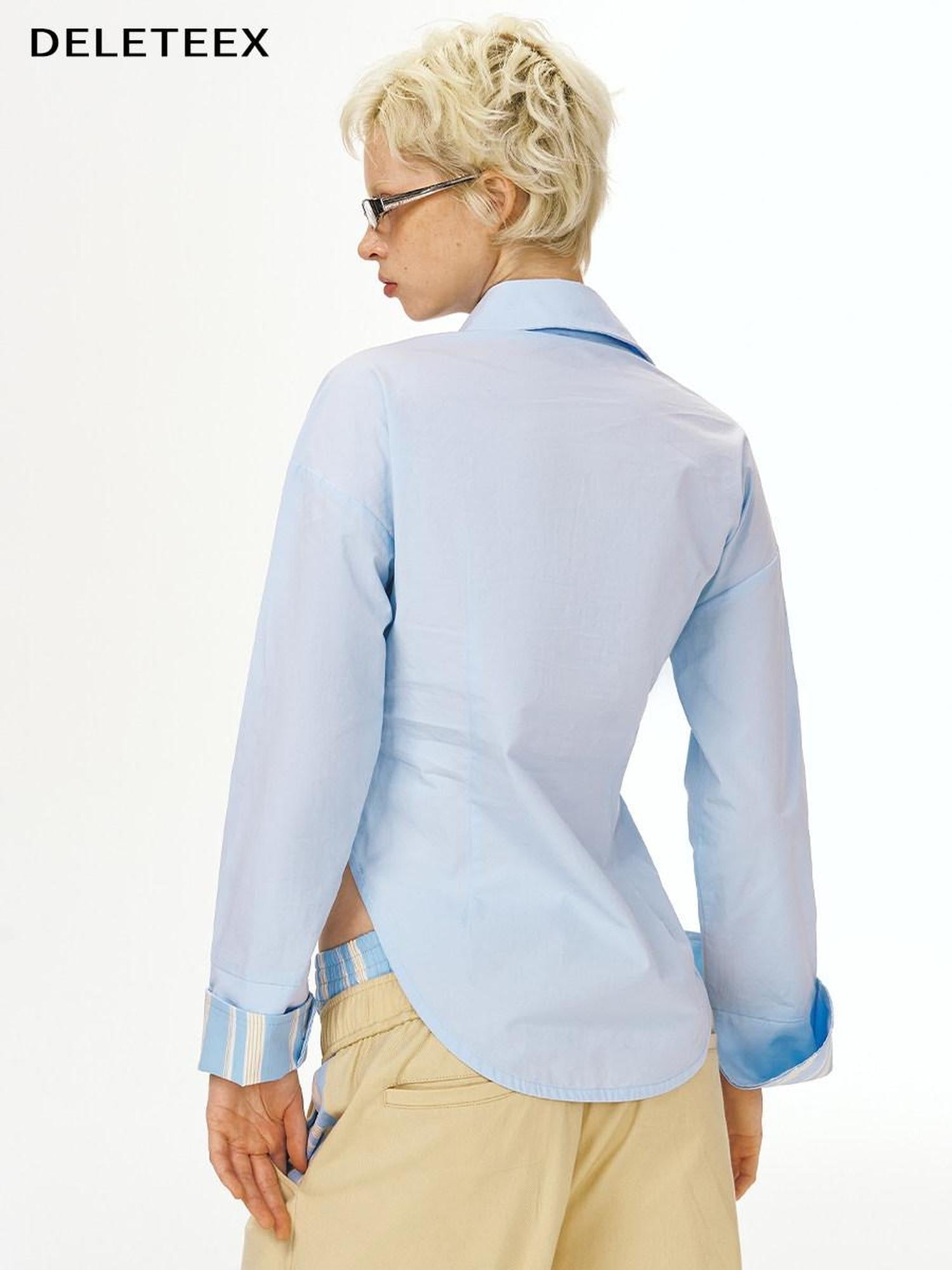 DeleteEx Breathable Cotton Slim Fit Long Sleeve Collared Button Solid Blue Shirts