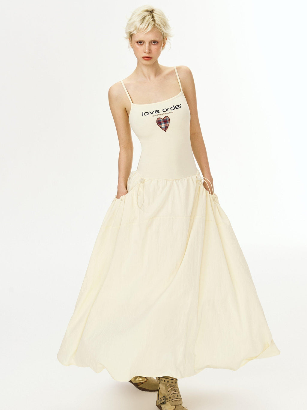 DeleteEx Cinched Waist Sleeveless Bardot Cotton Modal Stretch Beige Gray Maxi Dresses