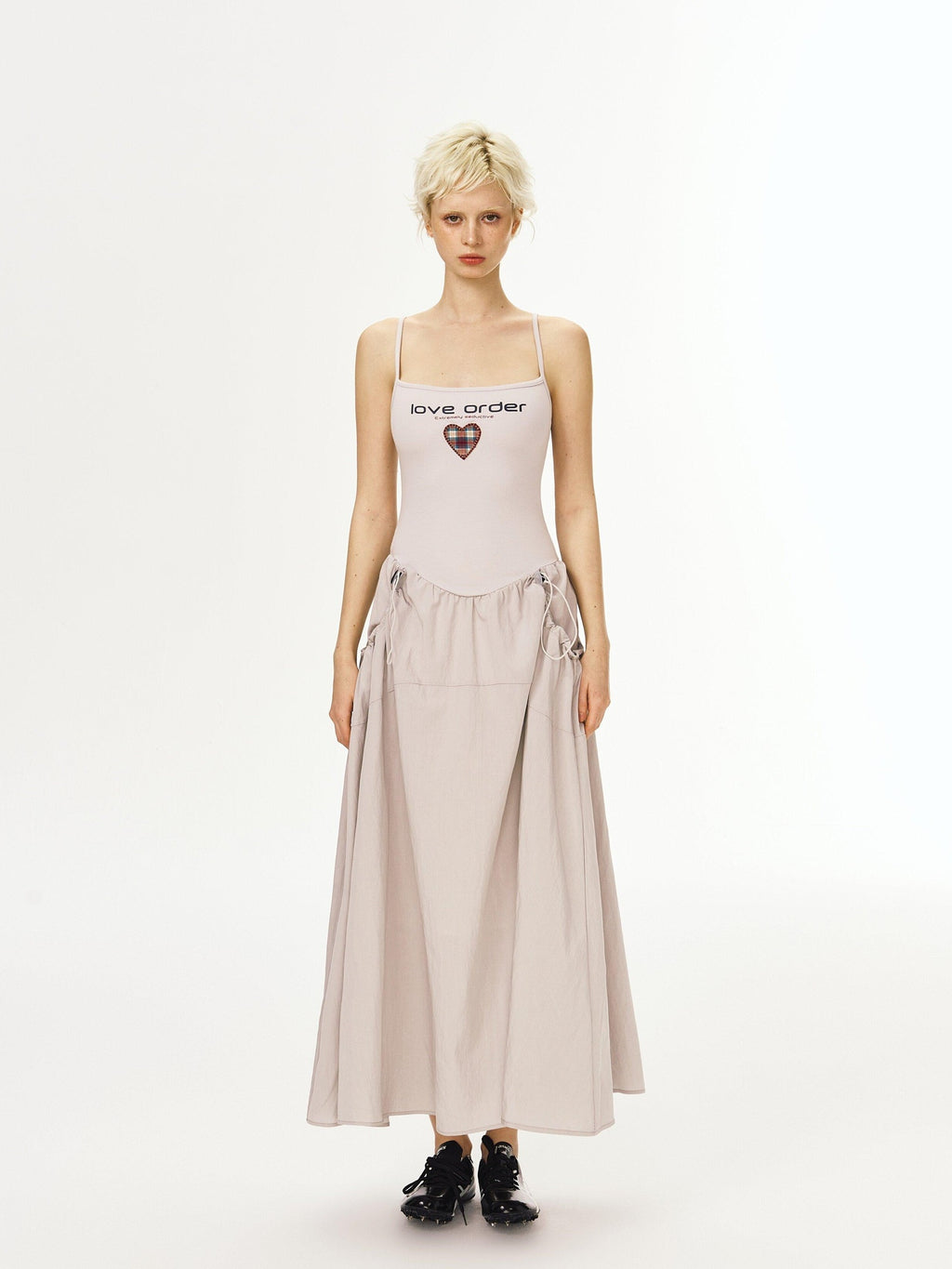 DeleteEx Cinched Waist Sleeveless Bardot Cotton Modal Stretch Beige Gray Maxi Dresses