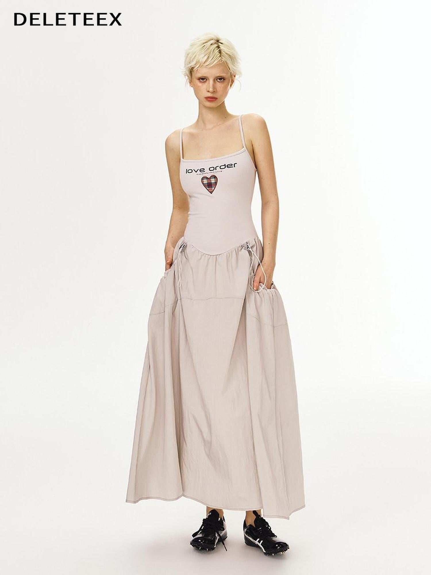 DeleteEx Cinched Waist Sleeveless Bardot Cotton Modal Stretch Beige Gray Maxi Dresses