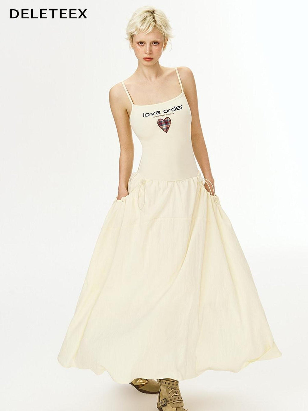DeleteEx Cinched Waist Sleeveless Bardot Cotton Modal Stretch Beige Gray Maxi Dresses