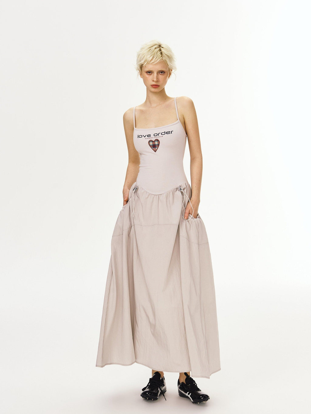 DeleteEx Cinched Waist Sleeveless Bardot Cotton Modal Stretch Beige Gray Maxi Dresses