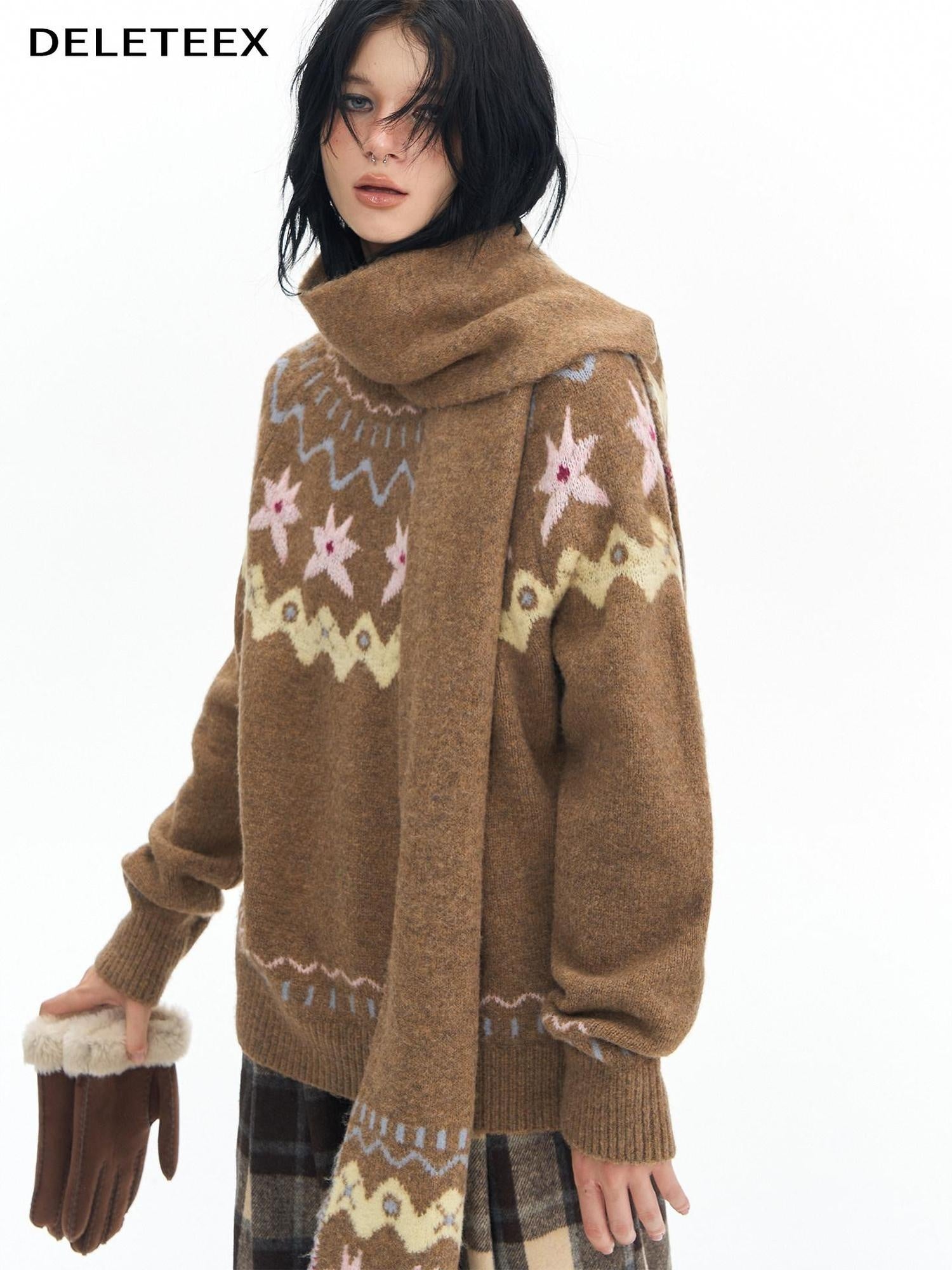 DeleteEx Cozy Korean Long Acrylic Geometric Young Women Gray Brown Scarves