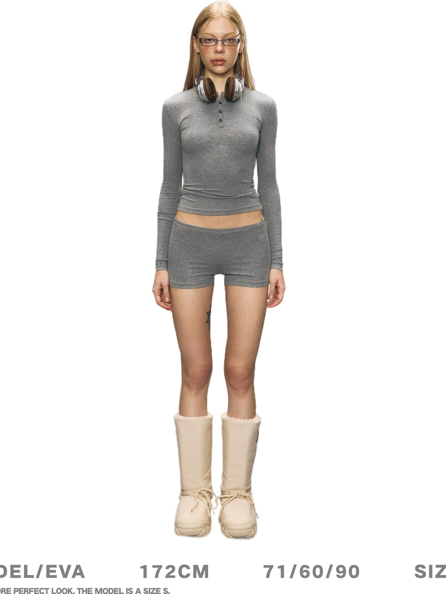 DeleteEx Edgy Stretch Short Sleeve Lounge Set Women Grey Black Top & Shorts Sets