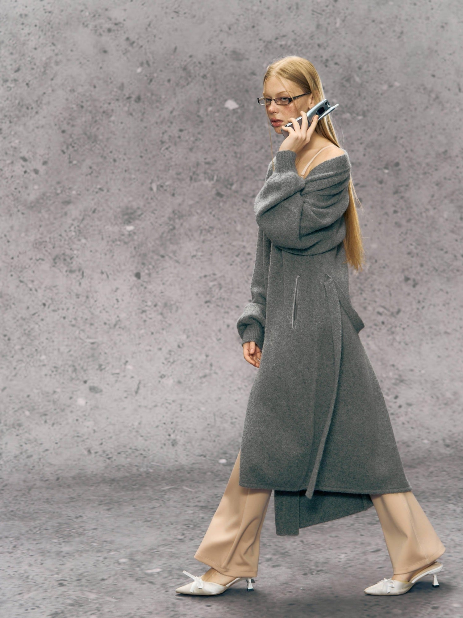 DeleteEx Elegant V-neck Longline Regular Young Women Yellow Heather Gray Long Coats