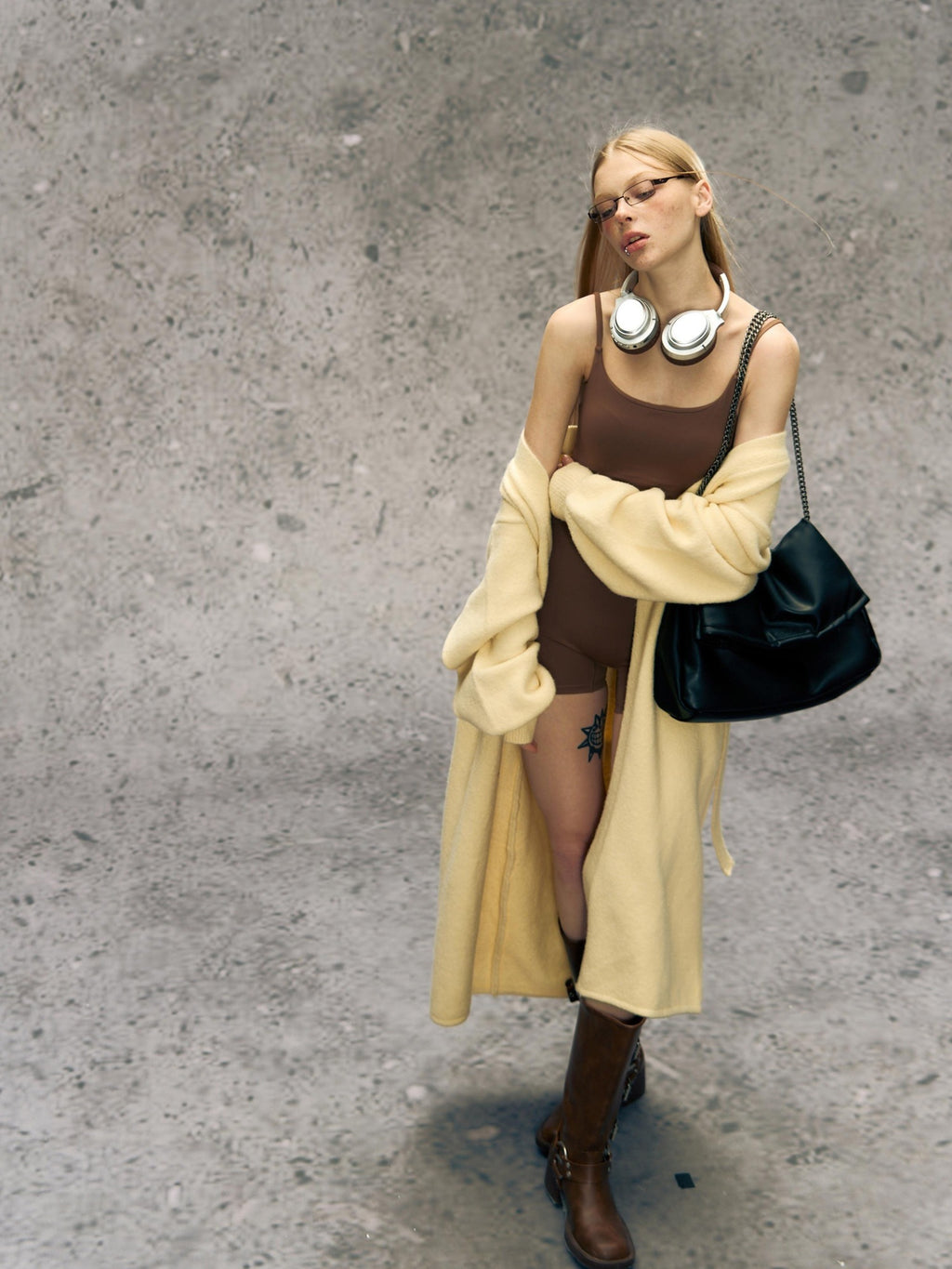 DeleteEx Elegant V-neck Longline Regular Young Women Yellow Heather Gray Long Coats